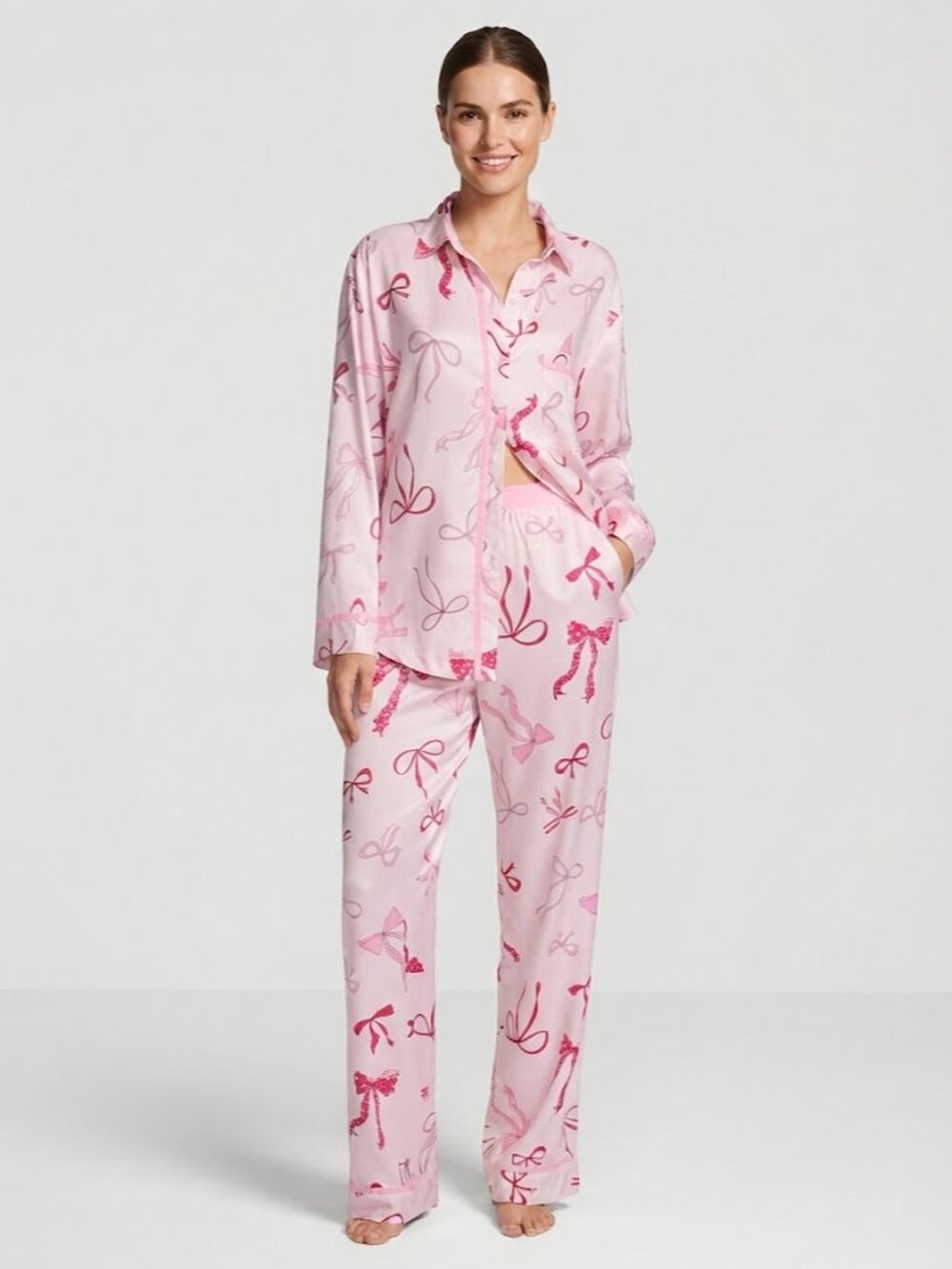 PINK x Victoria's Secret Flannel Long Pajama Set in Pink Bows Medium NWT